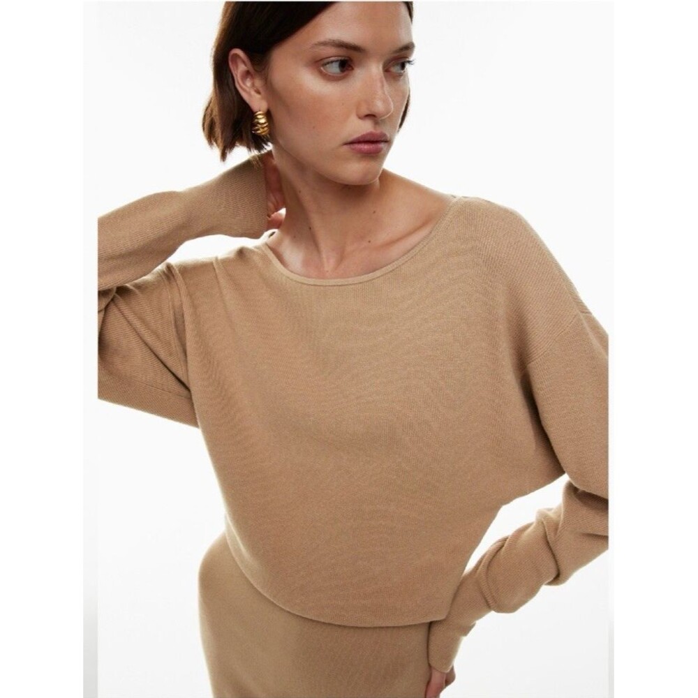 Aritzia Babaton Continent Dress S Gold Camel Boat Neck Dolman Knit Sweater Mini - Picture 14 of 16